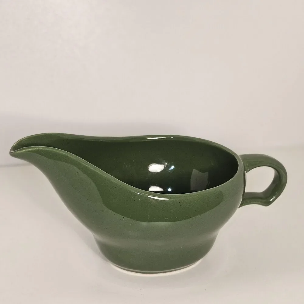 Vintage Green Ceramic Gravy Boat | Mid-Century Farmhouse Serving Dish